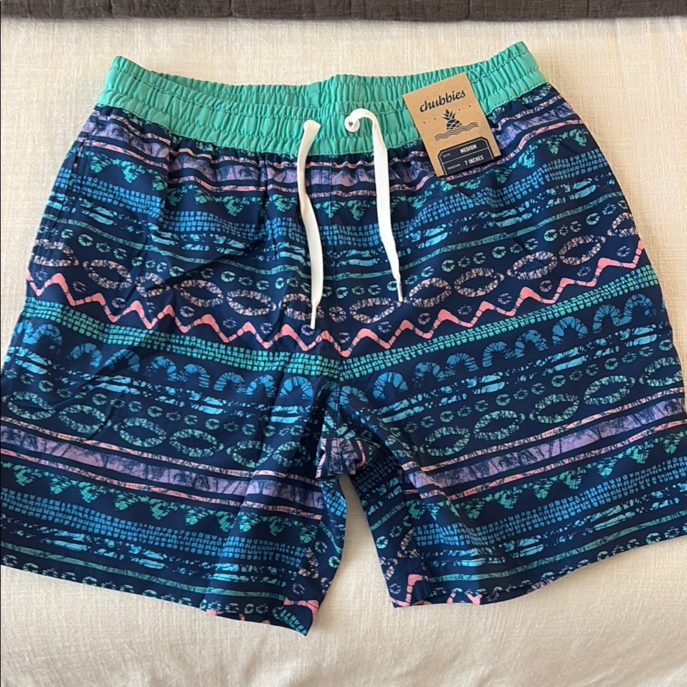 Chubbies Blue and Green Swim Trunks Vibrant Geometric Design - New with tags